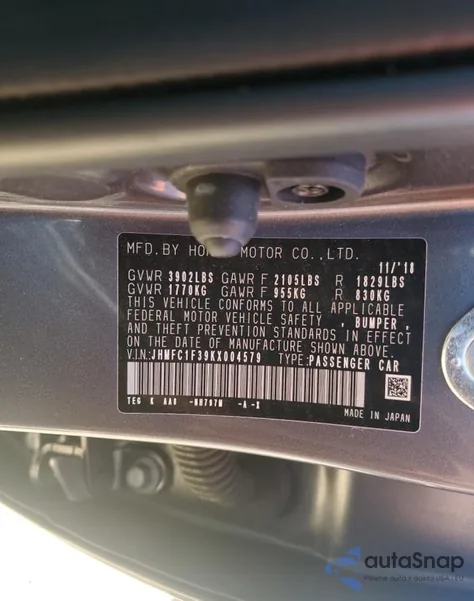 2019 Honda Civic Ex from USA, damaged, VIN JHMFC1F39KX004579